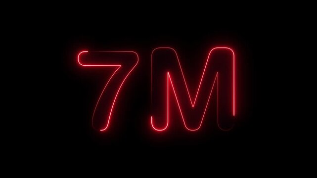 Glowing neon light 7M followers or subscribers celebration text animation on black background, Number 7M Neon Futuristic Effect, Trendy Glow Lighting, 7M animation neon text effect motion