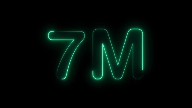 Glowing neon light 7M followers or subscribers celebration text animation on black background, Number 7M Neon Futuristic Effect, Trendy Glow Lighting, 7M animation neon text effect motion