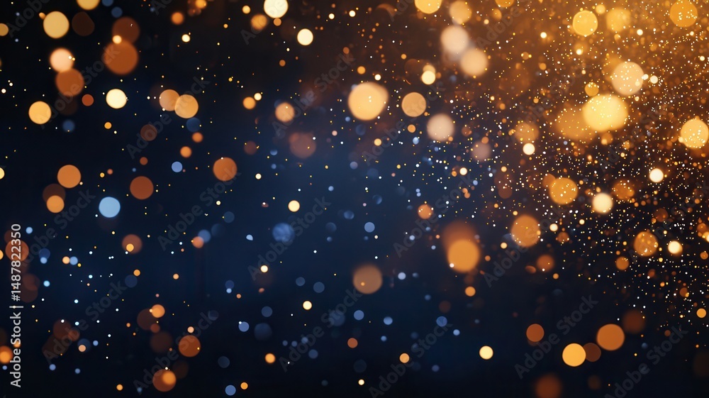 Poster sparkling golden particles cascading over deep blue backdrop, generating luminous bokeh effect for f