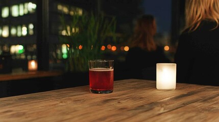 Night city with drink, and candlelit table.