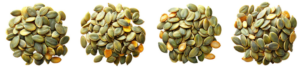 Four Piles of Green Pumpkin Seeds, Raw Ingredient on Transparent Background