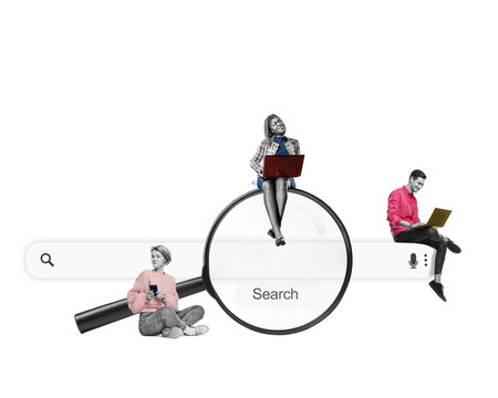 Art collage. A team of young woman and man with a laptops is sitting on a big magnifying glass. Isolated free png background. Searching for information on the internet concept.