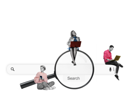 Art collage. A team of young woman and man with a laptops is sitting on a big magnifying glass. Isolated free png background. Searching for information on the internet concept.