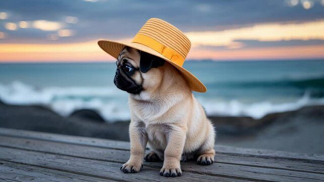 Pug Puppy in a Sun Hat at Twilight by the Ocean