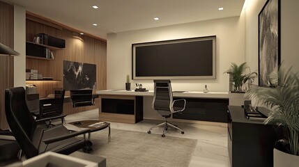 Modern minimalist home office with large screen, desk, chairs, and plants.