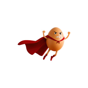 Superhero egg character flying through the air with red cape and smile of determination.