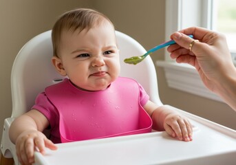 A baby is being fed, and the cute child shows a clear expression of dislike for the food.