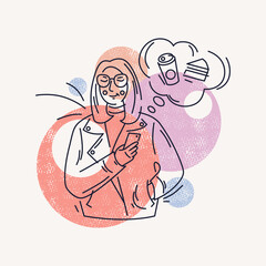 illustration of girl chooses what to order to eat on her smartphone. Thin line style design. Color print on white background