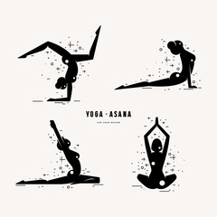Illustration of girls doing yoga asanas. Stylized silhouette set for your design. Black print on white background