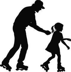 Father Teaching Daughter to Roller Skate Silhouette Illustration