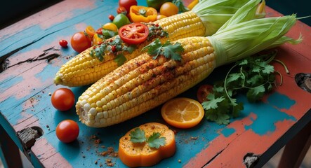 Delicious Grilled Corn on the Cob with Tomato, Orange, and Pepper Slices.