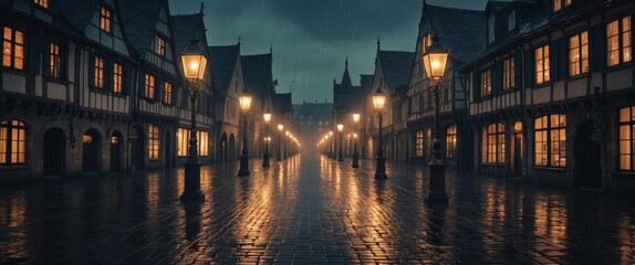 Fototapeta premium Rainy Night in a Quaint European Town With Cobblestone Street and Warm Lighting.