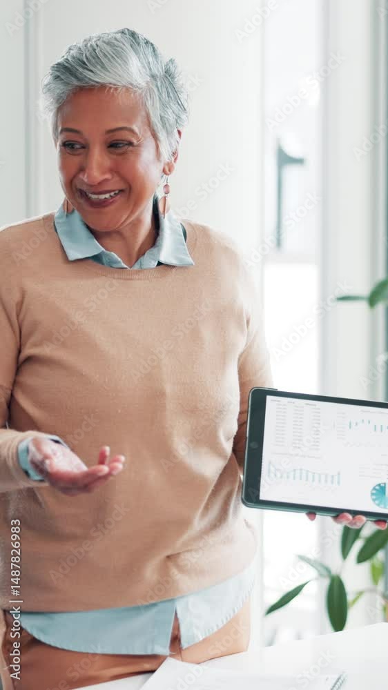 Poster presentation, mature or businesswoman with tablet screen for charts, data analytics or graphs for fu