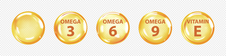Golden bubbles of Omega acids. Polyunsaturated fats Omega-3, Omega-6, Omega-9. Natural fish oil, organic vitamin, nutrients. Vitamin drop, tablets or capsules. Vector illustration