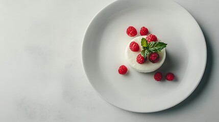 White Dessert with Raspberries and Mint on a Plate