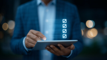Businessman Engaging with Compliance Digital Interface on Tablet
