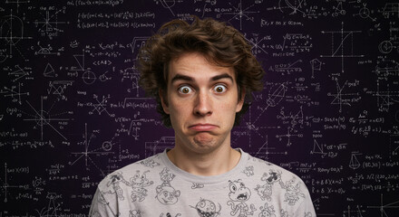 Surprised young caucasian male in cartoon shirt with mathematical background