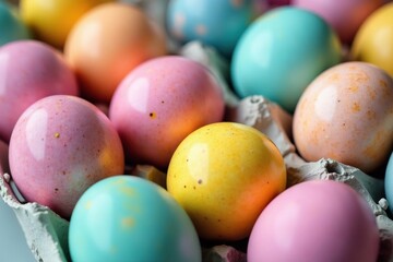 Vibrant dyed eggs in pastel shades, speckled and solid colors , spring, bunny, tradition