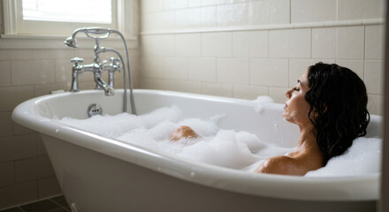 Young woman relaxing in bubble bath in sunlit bathroom