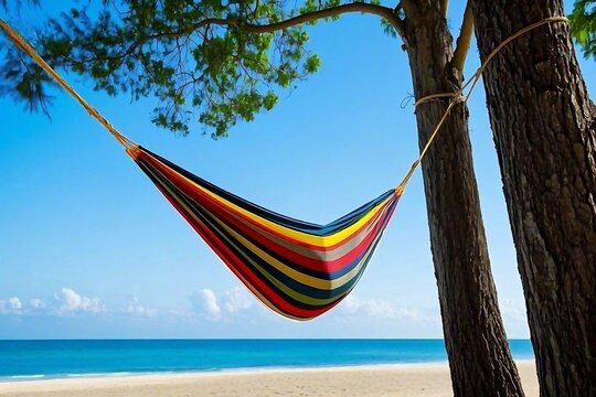 Striped Hammock Strung Between Trees on Beach, lazy day, lazy daydream, lazy daydreaming, lady day, lazy dangerous, lazy danger, lazy dark, lady daytime, Standard Content, isolated Assets, isolated,