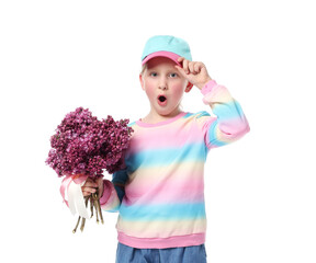 Surprised little girl with bouquet of lilac flowers on white background