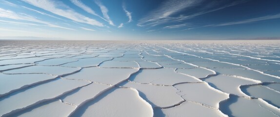 Breathtaking Aerial View of the Uyuni Salt Flats in Bolivia Under a Striped Sky.