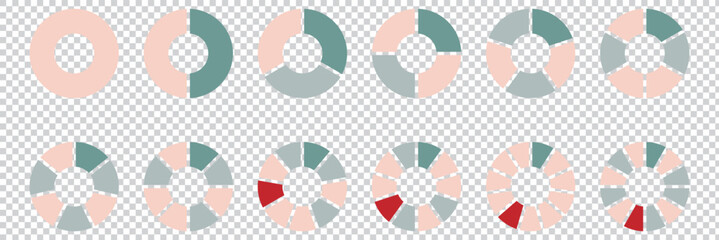 Obraz premium Pie chart set, segmented circle icons. Circle pie chart diagram. Circle section graph. Pie chart divided 1,2,3,4,5,6,7,8,9,10,11,12 equal parts. Infographic wheel segment or section parts. Vector set 