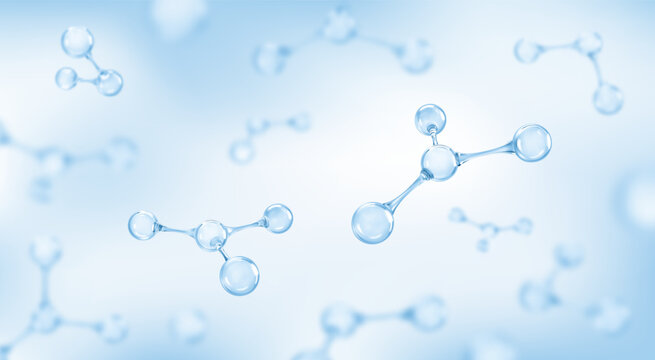 3D molecules or atoms on light blue background. Concept of biochemical, pharmaceutical, beauty, medical. Science or medical background. Vector 3d illustration