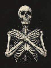Elegant, skeletal figure, arms crossed, dark background.