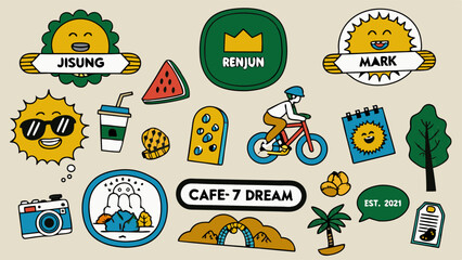 Fun, Colorful Summer-themed Stickers and Graphics for a Cafe. Collection of vibrant, cartoonish stickers featuring a variety of summer-related elements, including people, food (watermelon), drinks.
