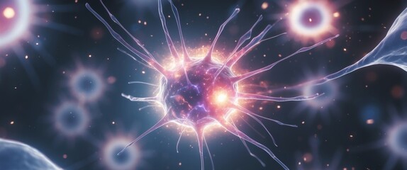 Obraz premium Neural Network Visualization. Microscopic View of Neuron Cells Interconnected, Abstract.