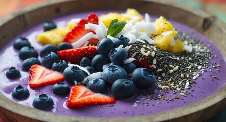 Delicious Blueberry Smoothie Bowl with Strawberries, Mango, Chia Seeds, and Coconut