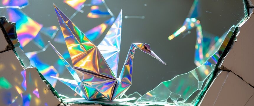 Holographic Origami Crane Emerges Through Broken Mirror, Symbolizing Hope and Renewal. - Powered by Adobe