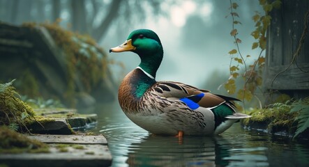 A Male Mallard Duck Standing in Calm Water in a Misty Forest Environment, Close-up