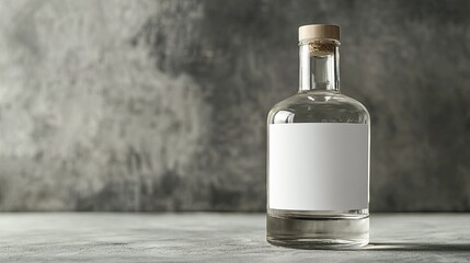 Clear glass bottle with blank label on gray background.