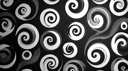 Black & white swirling spirals on dark background, abstract design