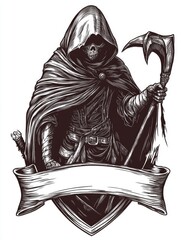 Monochromatic figure in hooded cloak holding a staff.