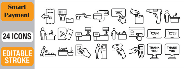 Collection of smart payment and transaction icons demonstrating modern retail and financial technologies
