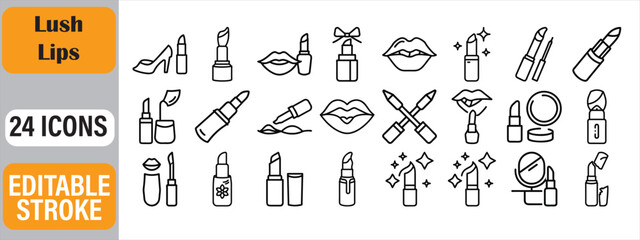 Collection of twenty four detailed outline icons illustrating various lipstick and lips concepts