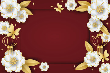 Chinese style festival banner of lanterns, white flowers with leaves and butterflies on red background for your copy space. For Chinese New Year, Lunar new year, Mid-autumn festival.