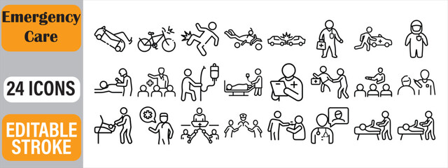 Collection of twenty four emergency and medical icons with editable stroke design
