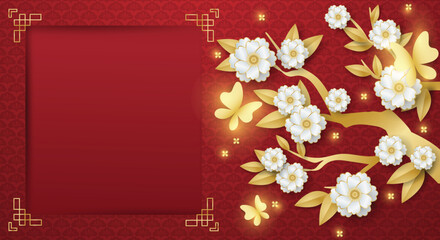 Chinese style festival banner of tree branches with flowers and butterflies on red pattern background for your copy space. For Chinese New Year, Lunar new year, Mid-autumn festival.