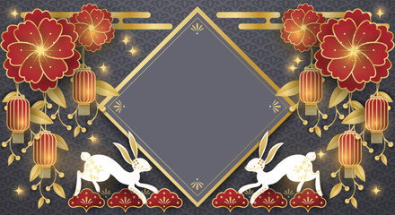 Chinese festival banner of a pair of rabbits with red lanterns hanging on flowers with frame for your copy space on gray pattern background. For Chinese New Year, Lunar new year, Mid-autumn festival.