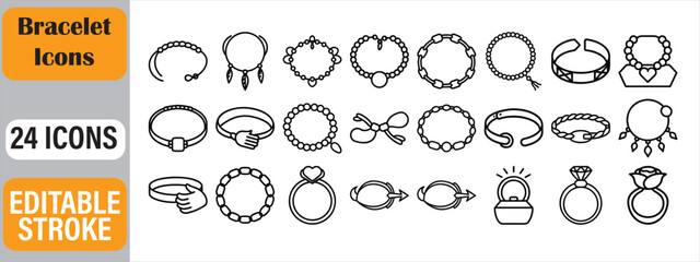 Collection of twenty four simple black and white bracelet and ring icons with editable strokes