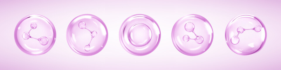 Obraz premium Transparent cosmetic molecules in pink serum bubble. 3D collagen structure for skincare