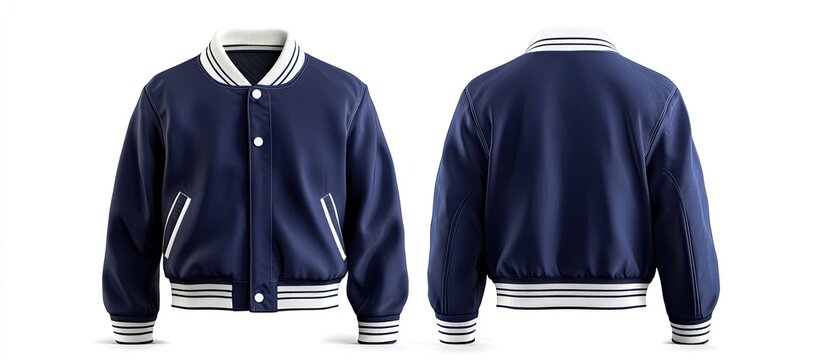 Navy blue baseball bomber jacket, front and back view.