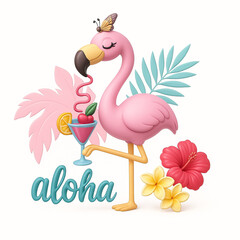 Cute cartoon flamingo with tropical cocktail, flowers, and palm leaves, accompanied by “Aloha” text. A cheerful summer illustration perfect for vacation, beach, or Hawaiian-themed designs.