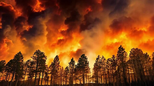 Dramatic Forest Fire Flames and Smoke Engulfing Trees Under Fiery Sky, Silhouettes Emerge in Natures Chaotic Disaster, Evoking Urgency and Danger in Environment.