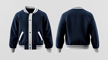 Navy blue baseball jacket mockup, front and back views.