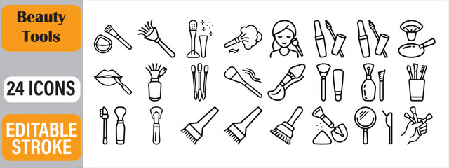 Illustrated collection of minimalist beauty tools and makeup icons in line art style